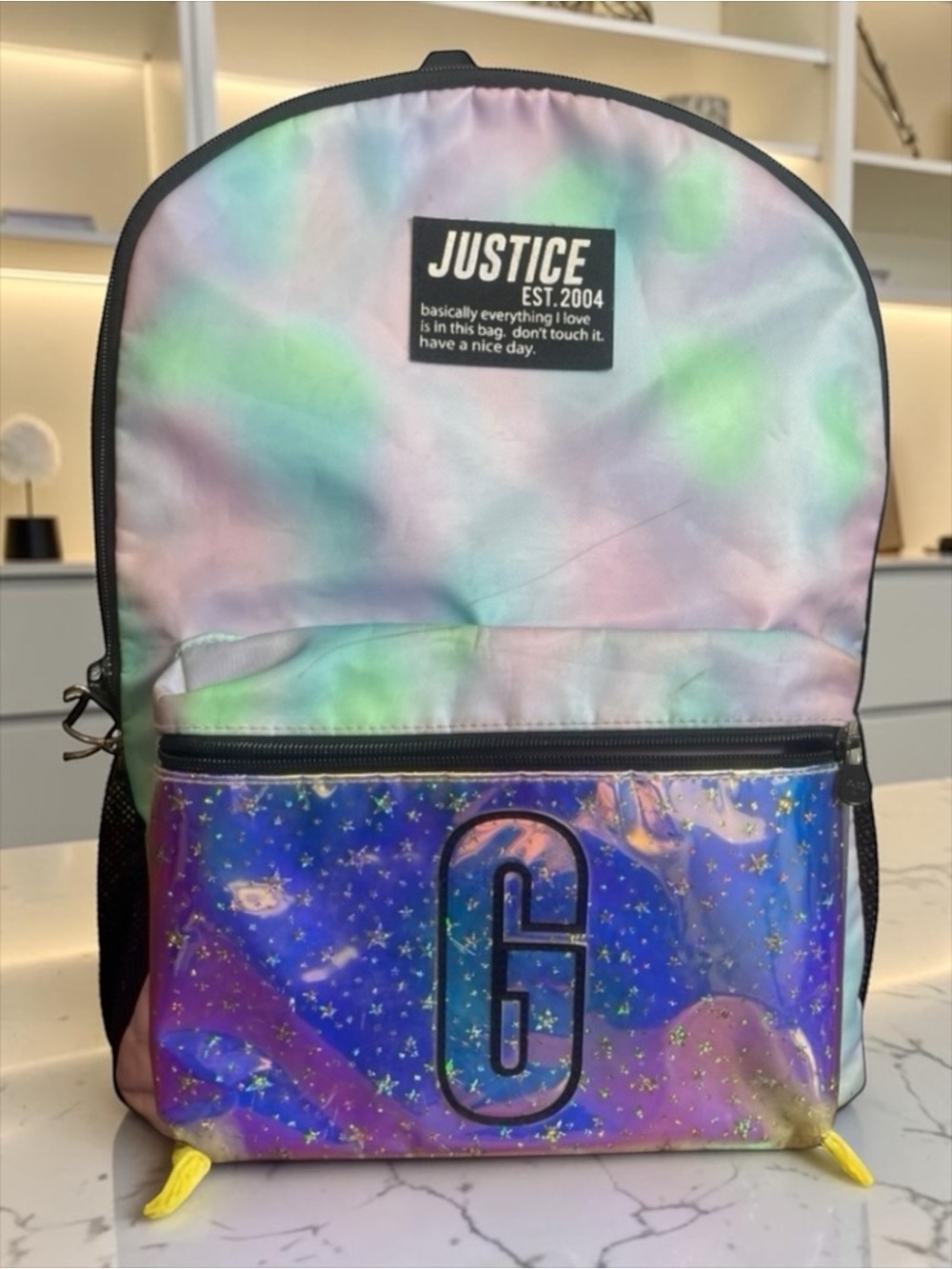 Justice Tie Dye Iridescent Holographic G Backpack Bookbag School Bag - Picture 1 of 14